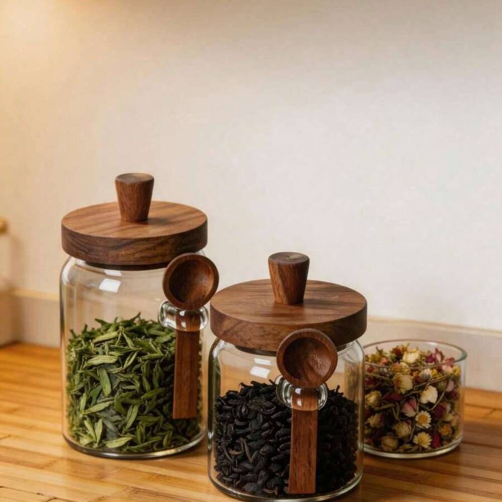 Food Storage Jars With Wooden Lids - Набор из 3-х прозрачных стеклянных банок